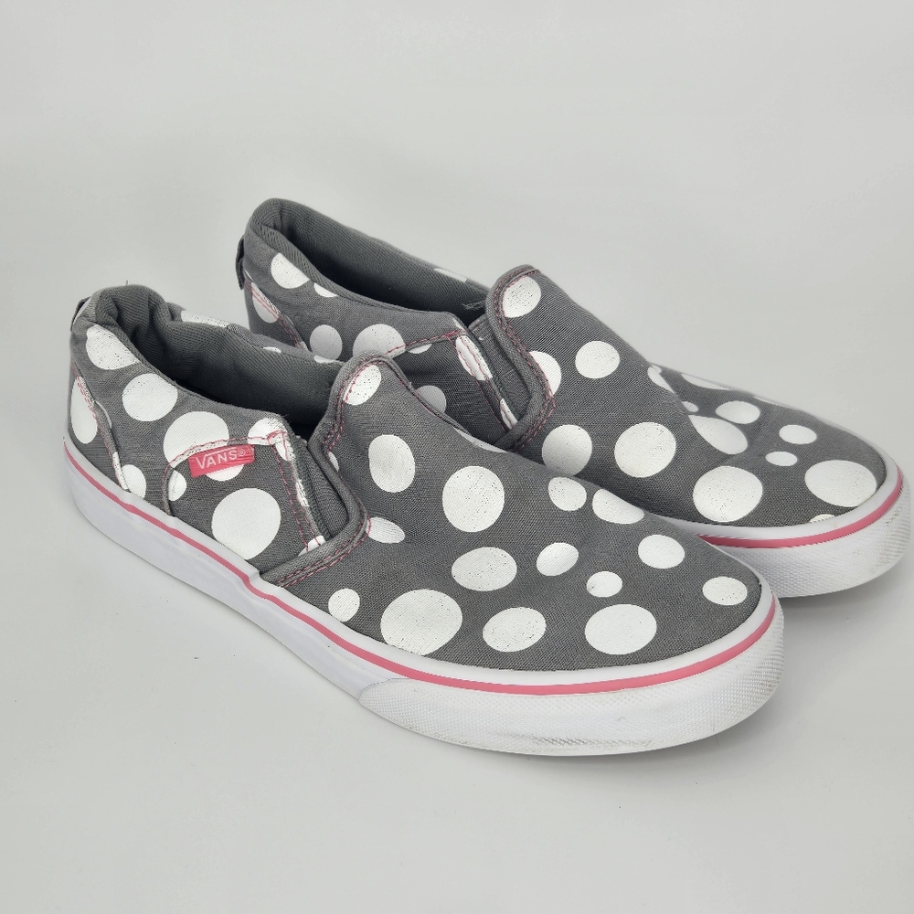 VANS Slip On sneakers polka dot gray white Missy 5 women's 6.5 pink‎ trim